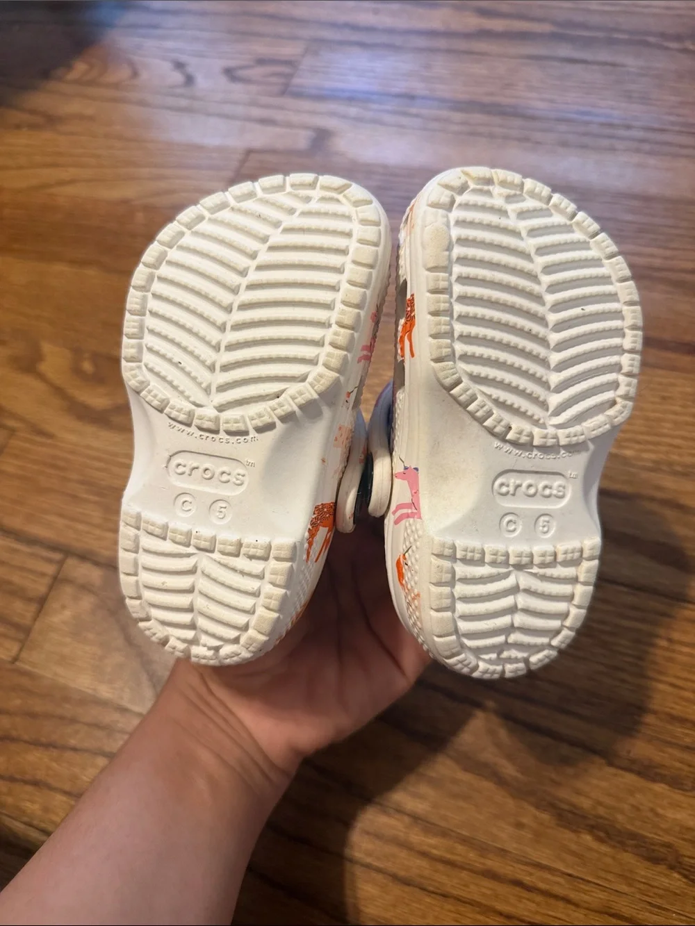 CROCS Kids White Clogs with Pink, Orange & Blue Deer Print